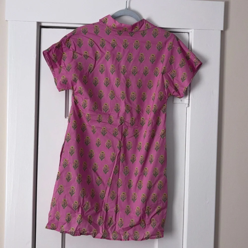 THML short-sleeve collared dress in a vibrant pink and yellow floral